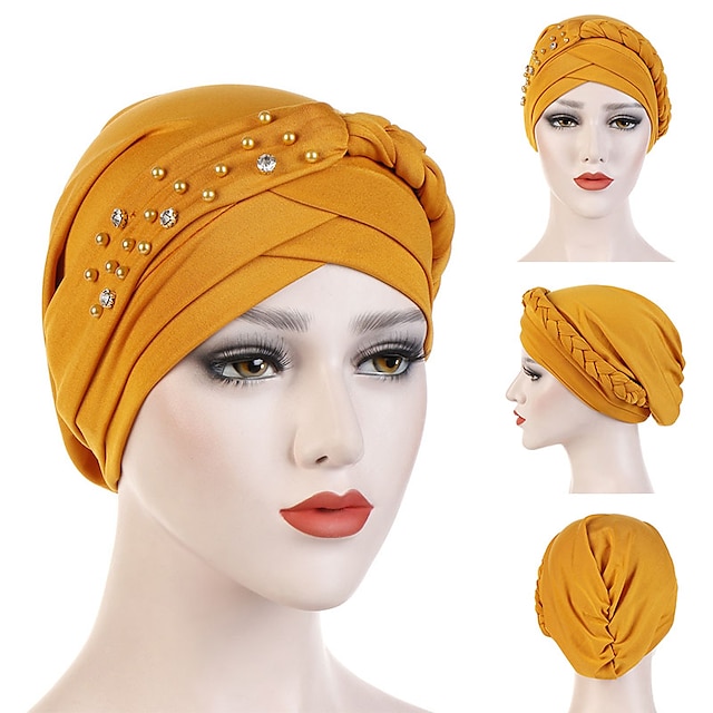  India Muslim Women Hijab Hat with Beads Turban Headscarf Islamic Head Wrap Lady Beanie Bonnet Hair Loss Cover