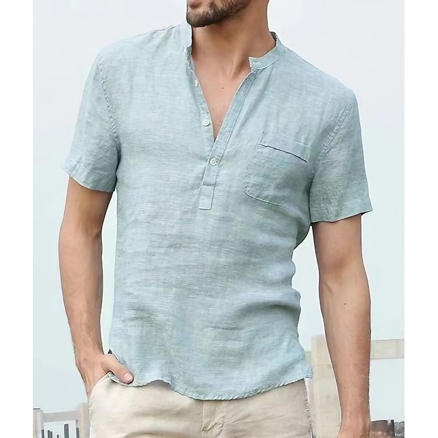  Men's Shirt Linen Shirt Solid Color Pocket Collar Light Blue Almond Green Navy Blue Gray Street Beach Short Sleeve Clothing Apparel Lightweight Breathable / Wet and Dry Cleaning