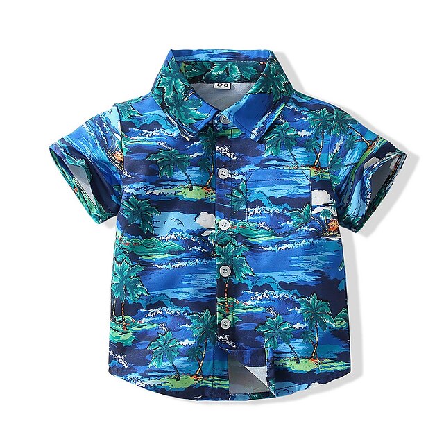 Baby & Kids Boys Clothing | Toddler Boys Shirt Short Sleeve Palm Tree Blue Children Tops Summer Vacation Daily Tailored Fit 1-5 