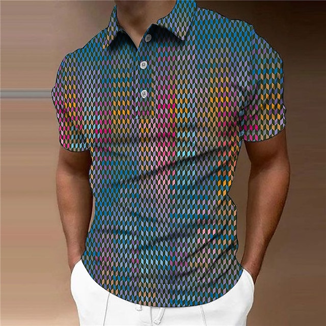 Men's Polo Shirt Golf Shirt Geometry Turndown Blue Purple Brown Gray 3D ...