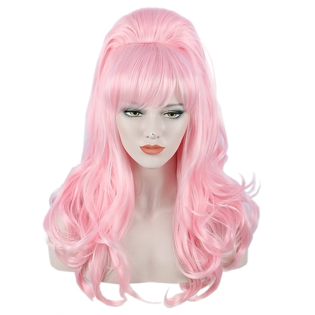  Long Wavy Pink Wig Big Bouffant Beehive Wigs for Women fits 50s 80s Costume