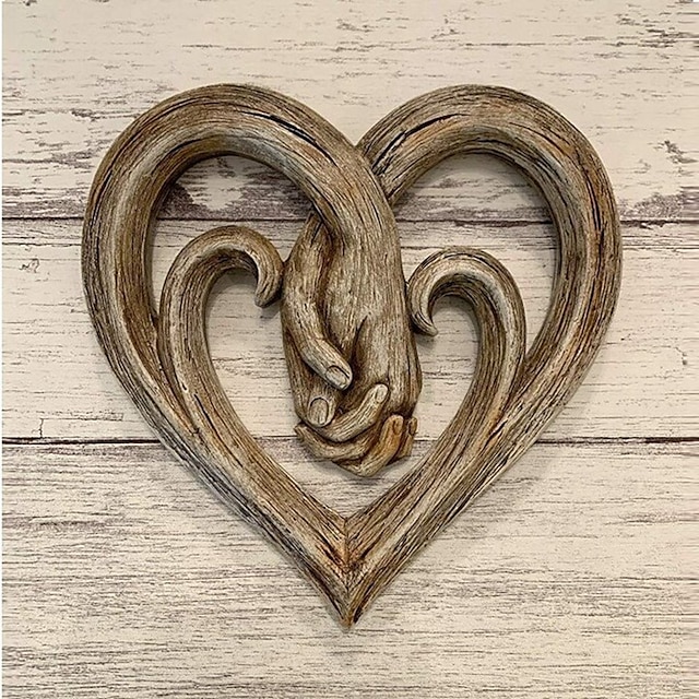  Heart Holding Hands Wall Decor Wooden Sculpture Wall Art Handshake Craft Statue for Home Office Garden Decoration- Forever Love