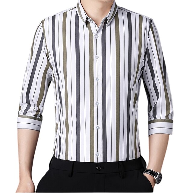 Mens Clothing Mens Shirts | Mens Casual Shirt Striped Standing Collar Casual Work Button-Down 3/4 Length Sleeve Tops Fashion Ret