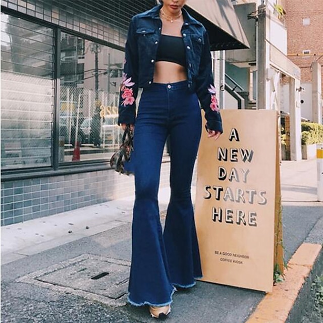  Women's Pants Trousers Jeans Bell Bottom Denim Dark Blue Light Blue Basic Trousers Mid Waist Daily Work Full Length Micro-elastic Solid Color Outdoor S M L XL XXL