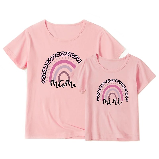 Baby & Kids Matching Outfits | Mommy and Me T shirt Tops Rainbow Leopard Letter Daily Print White Gray Pink Short Sleeve Basic M