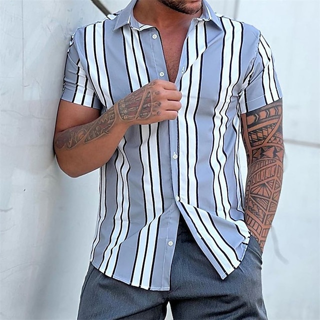 Mens Clothing Mens Shirts | Mens Shirt Striped Turndown Street Casual Button-Down Short Sleeve Tops Casual Fashion Comfortable B