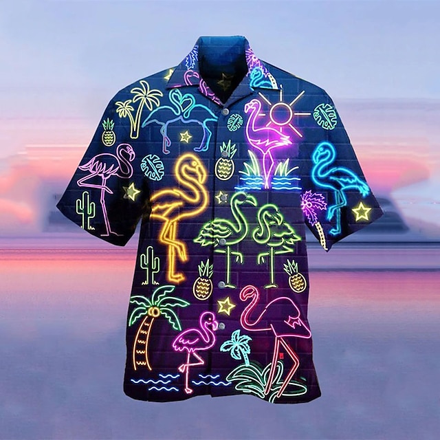  Tropischer Flamingo Herren Resort Hawaiian 3D Printed Shirt Cuban Collar Kurzarm Sommer Strand Aloha Shirt Urlaub Täglich Tragen S bis 3XL