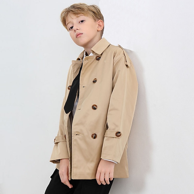  Boys 3D Plain Trench Coat Long Sleeve Spring Fall Active Cool Cotton Kids 3-12 Years Daily Regular Fit