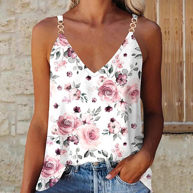  Women's Tank Top Camisole Summer Tops Camis Black White Orange Floral Print Sleeveless Holiday Weekend Streetwear Hawaiian Casual V Neck Regular Floral S