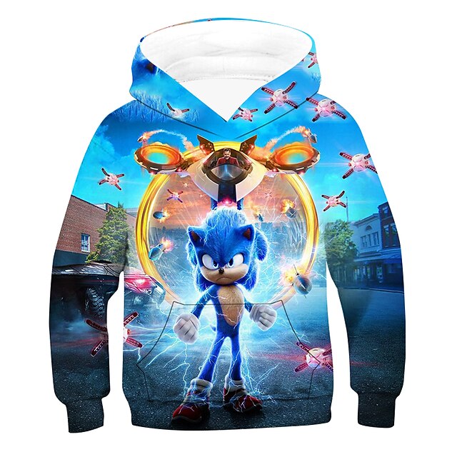 Baby & Kids Boys Clothing | Kids Boys Hoodie Sonic Long Sleeve 3D Print Graphic Patterned Pocket Black Blue Light Blue Children 