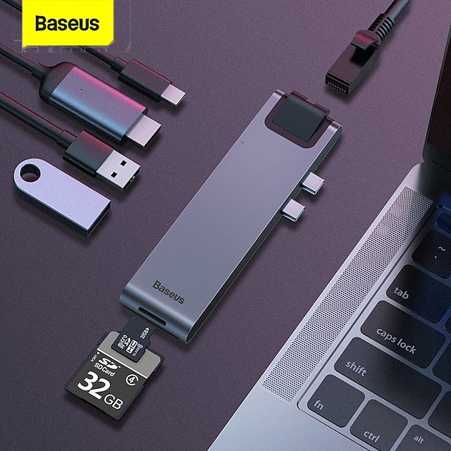  BASEUS USB 3.0 USB C Κόμβοι 7 Λιμάνια 7 σε 1 Υψηλής Ταχύτητας Διανομέας USB με RJ45 HDMI PD 3.0 20V / 3A Παράδοση ρεύματος Για Φορητό Υπολογιστή Η/Υ Smartphone