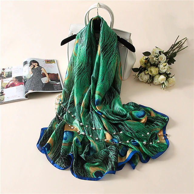 1pcs New Soft Peacock Feather Printed Silk Shawls Women Foulard Fashion Sunscreen Female Scarf Stoles Hijab Headscarf Bag Scarves 6