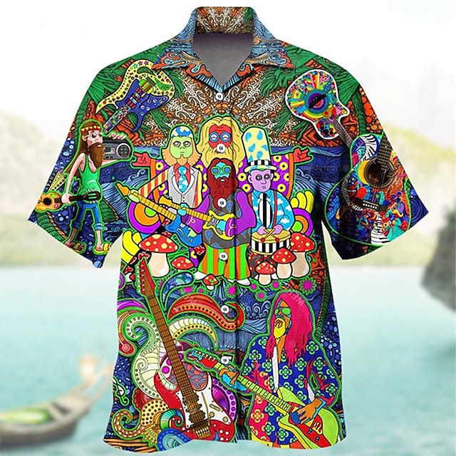  Men's Summer Hawaiian Shirt Shirt Print Cartoon Graphic Patterned Hawaiian Aloha Design Turndown Casual Daily Button-Down Print Short Sleeve Tops Designer Casual Fashion Black / White Rainbow