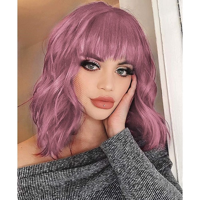  peruca curta rosa ondulada com franja feminina peruca curta rosa encaracolada com franja peruca ondulada pastel para mulheres peruca sintética na altura dos ombros perucas coloridas peruca cosplay