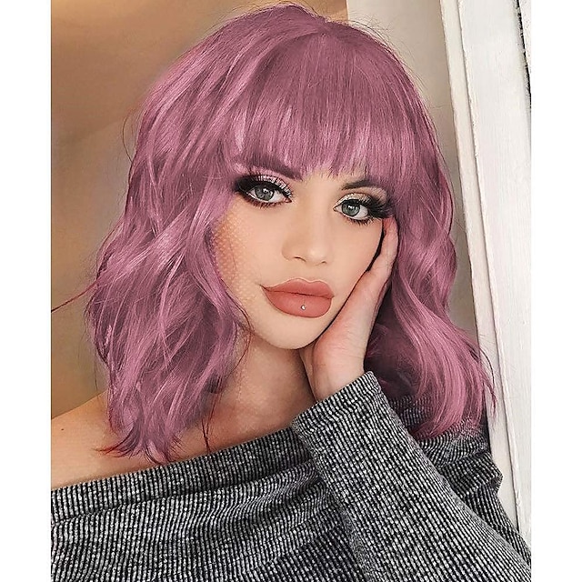 Short Wavy Pink Wig With Bangs Women Short Pink Bob Curly Wig With Bangs Pastel Wavy Wig For