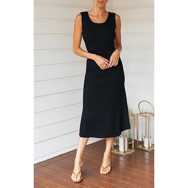 Womens Clothing Womens Dresses | Womens Sheath Dress Midi Dress Black Sleeveless Pure Color Spring Summer Crew Neck Elegant Casu