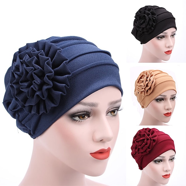  Women's Hats Spring Summer Plain Color Floral Beanie Hat Muslim Stretch Turban Hat Cap Hair Loss Headwear Hijab Cap