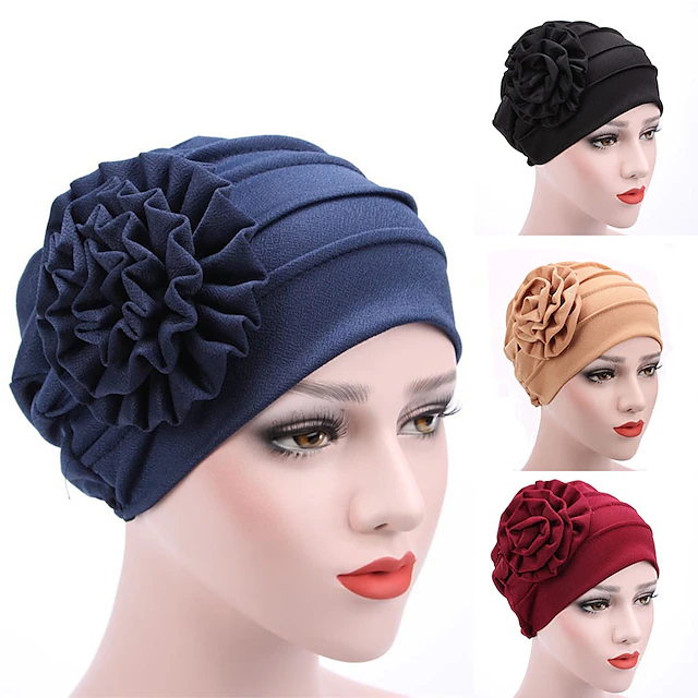 Women's Hats Spring Summer Plain Color Floral Beanie Hat Muslim Stretch Turban Hat Cap Hair Loss Headwear Hijab Cap 9