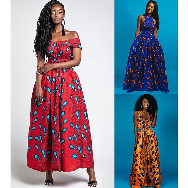  Dame Kjoler Moderne afrikanske outfits Boheme Afrikansk tryk Kitenge Skulderfri Hovedrolle Maskerade Voksen Kjole Fest