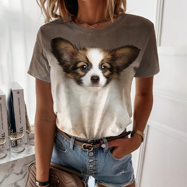  Women's T shirt Tee Dog 3D Casual Weekend Painting T shirt Tee Short Sleeve Print Round Neck Basic Essential Brown S / 3D Print
