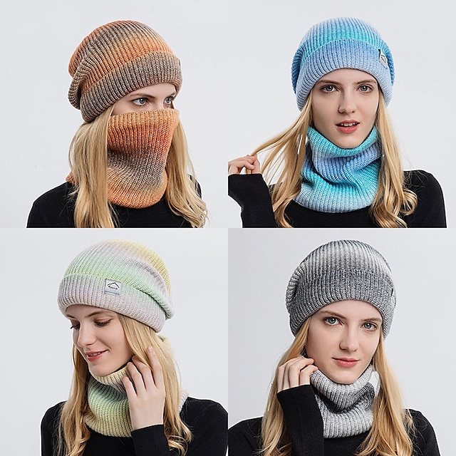  2pcs/set Winter Women Beanies Snood Sets Gradient Color Knitted Hat Warmer Fashion Outdoor Windproof Thicken Tie Dye Scarf Hat For Women