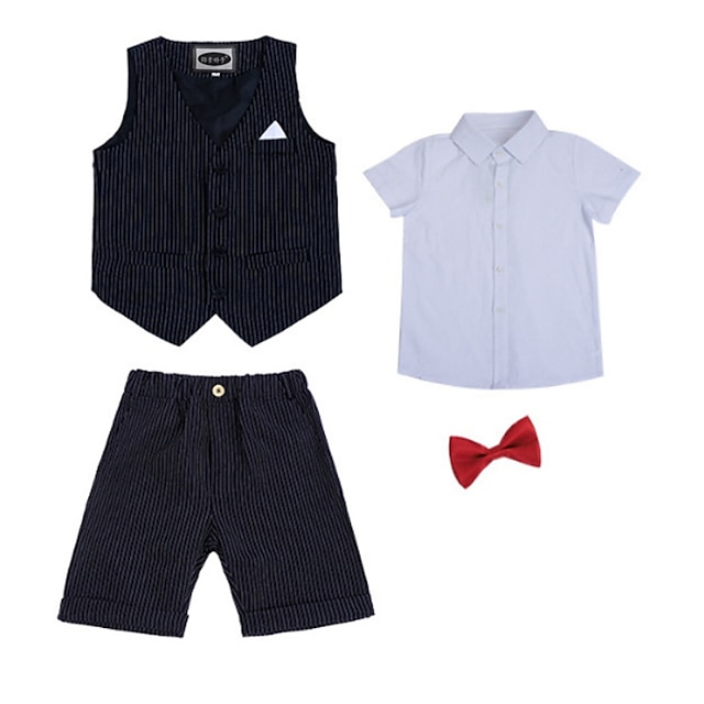 Baby & Kids Boys Clothing | Kids Boys Formal Set Clothing Set 4 Pieces Short Sleeve Blue Stripe Bow School Formal Formal Gentle 