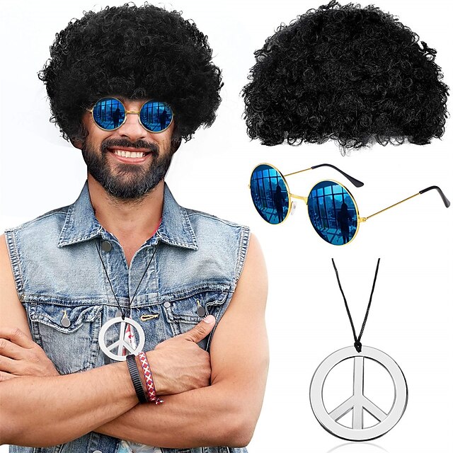 Beauty & Hair Wigs & Hair Pieces | Costume Set Funky Afro Wig Sunglasses Peace Sign Necklace for 50/60/70s Theme Party - FL00497