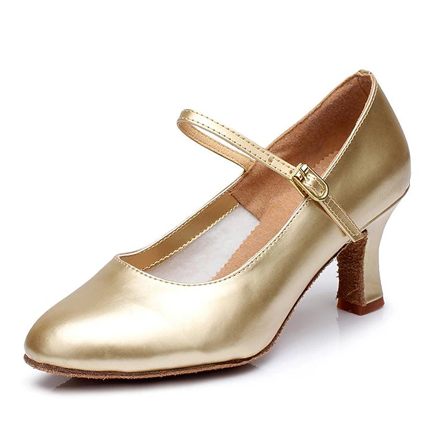 Women's Gold Latin Dance Shoes – Mary Jane Ballroom Heels with Suede Sole for Salsa & Performance 8