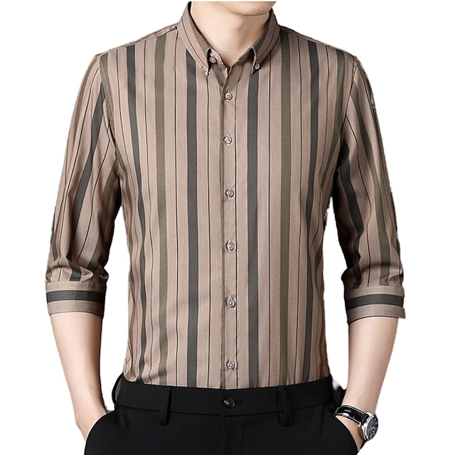 Mens Clothing Mens Shirts | Mens Casual Shirt Striped Standing Collar Casual Work Button-Down 3/4 Length Sleeve Tops Fashion Ret