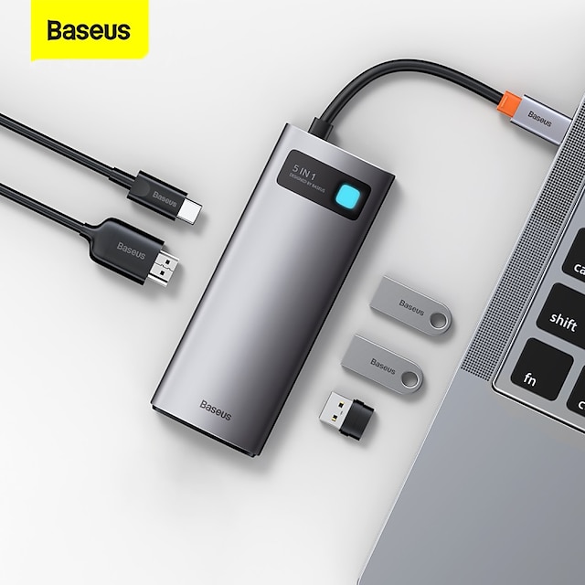  BASEUS USB 3.0 USB C concentradores 5 Puertos 5 en 1 Alta Velocidad Indicador LED Concentrador USB con HDMI PD 3.0 USB3.0 * 3 20V / 5A La entrega de energía Para Portátil Policarbonato Tablet