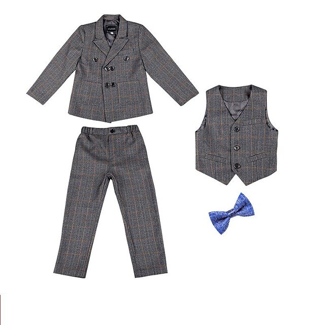Baby & Kids Boys Clothing | Kids Boys Suit & Blazer Shirt & Pants Clothing Set 4 Pieces Long Sleeve Gray Navy Blue Plaid Formal 