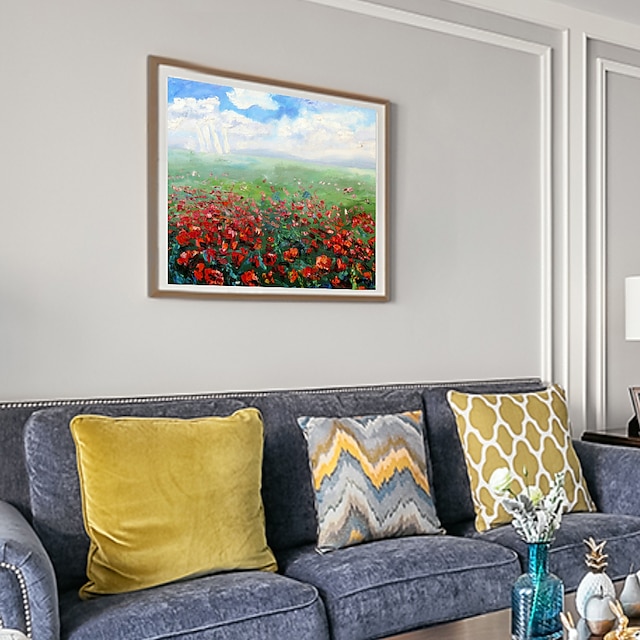 Home & Garden Wall Art | Oil Painting Handmade Hand Painted Wall Art Abstract Landscape and Red Flowers Canvas Painting Home Dec