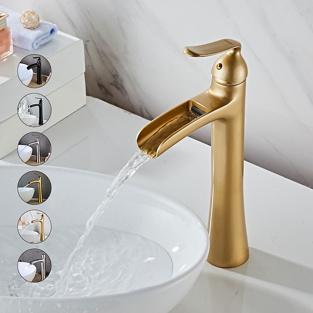  Waterfall Bathroom Faucet, Rustic Nickel Single Handle One Hole Brass Waterfall Bathroom Sink Faucet with Hot and Cold Water