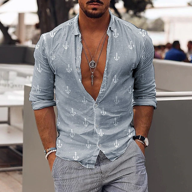 Men's Graphic Hawaiian Aloha Rudder Design Shirt Summer Hawaiian Shirt Long Sleeve Shirt Turndown Outdoor Street Light Green Navy Blue Blue Green Gray Button-Down Clothing Apparel Fashion Designer4