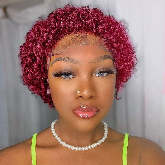 Beauty & Hair Wigs & Hair Pieces | Curly Bob Wigs 13x1 Highlight Wig Human Hair Pixie Cut Lace Wig Brazilian Remy 99J Burgundy 2