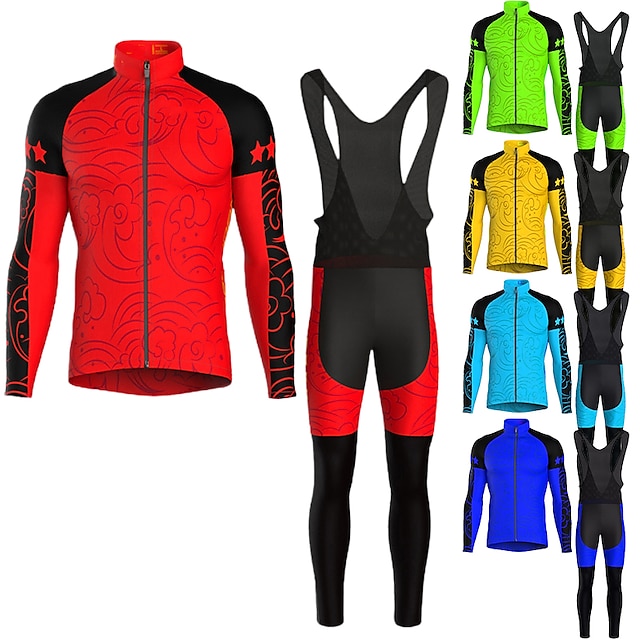  21Grams Men's Cycling Jersey with Bib Tights Long Sleeve Mountain Bike MTB Road Bike Cycling Green Blue Yellow Graphic Bike Clothing Suit 3D Pad Warm Moisture Wicking Back Pocket Polyester Spandex