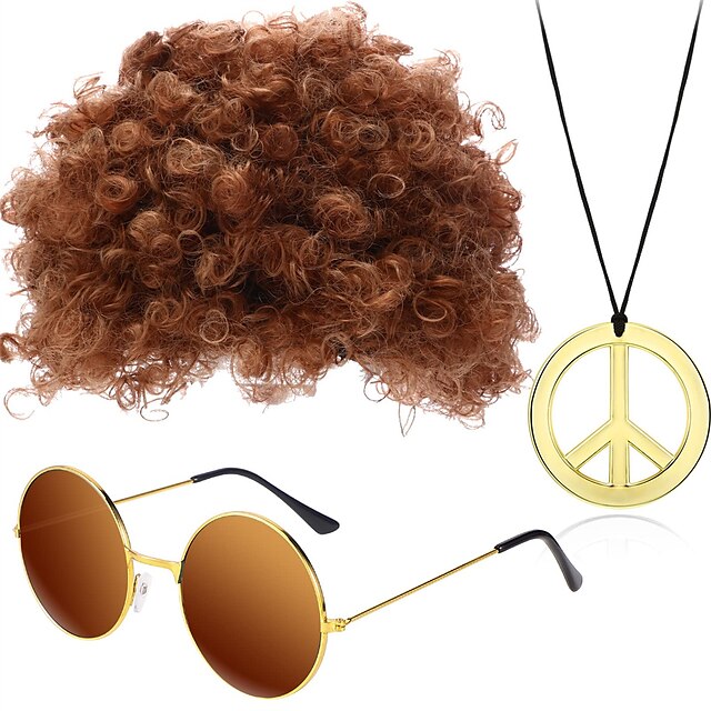 Beauty & Hair Wigs & Hair Pieces | Costume Set Funky Afro Wig Sunglasses Peace Sign Necklace for 50/60/70s Theme Party - FL00497