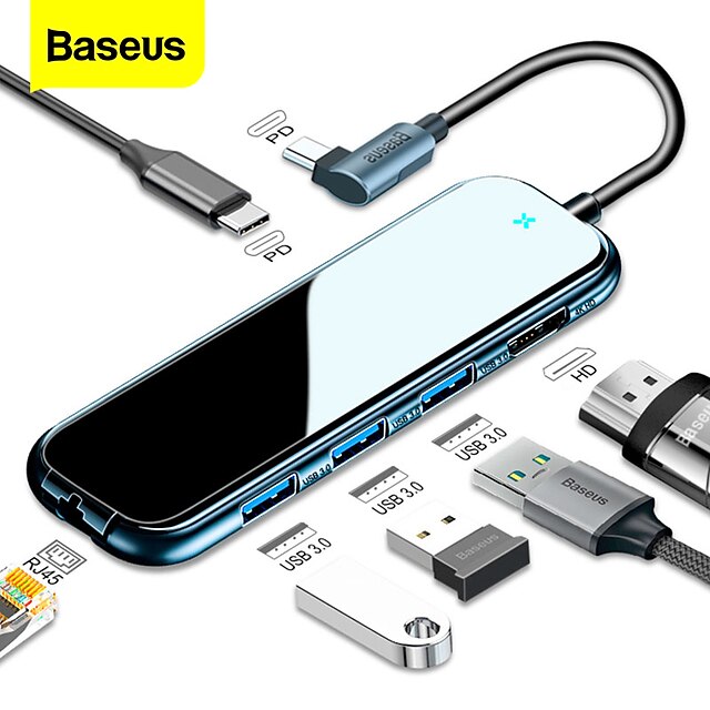  BASEUS USB 3.0 USB C ฮับ 6 พอร์ต 6-in-1 ความเร็วสูง ตัวชี้ LED ฮับ ​​USB กับ RJ45 HDMI PD 3.0 5V / 1.5A การจ่ายพลังงาน สำหรับ คอมพิวเตอร์แล็ปท็อป PC สมาร์ทโฟน
