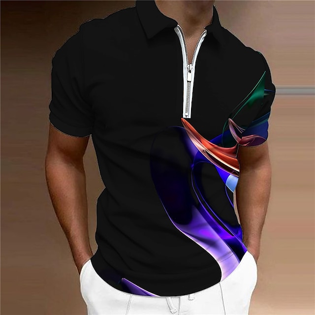  남성용 골프 셔츠 그라데이션 접히고 젖혀짐 클로버 푸른 퍼플 블랙 3D 인쇄 캐쥬얼 일상 짧은 소매 지퍼 프린트 의류 패션 디자이너 캐쥬얼 통기성 / 스포츠