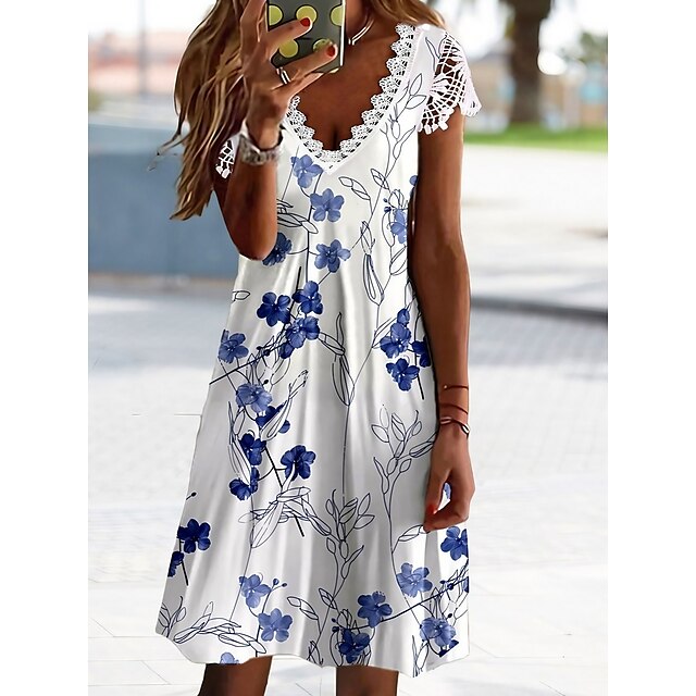  Women's Casual Dress Mini Dress White Floral Short Sleeve Spring Summer Ruched Elegant V Neck 2023 S M L XL XXL 3XL