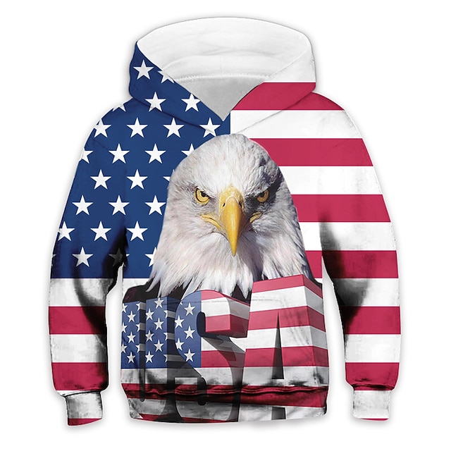 Baby & Kids Boys Clothing | Kids Boys American Independence Day Hoodie Long Sleeve 3D Print Flag Letter Animal Pocket Blue Child