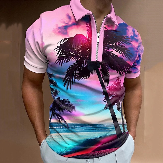  Pánské Polo trička Golfová košile Palmový list Přehnutý Bledě růžová 3D tisk ulice Denní Krátký rukáv Zip 3D Oblečení Módní Na běžné nošení Pohodlné