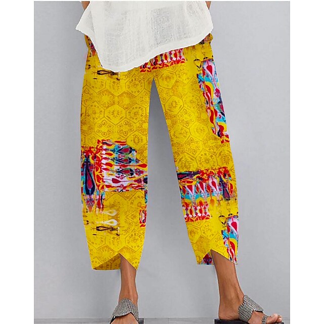  Women's Chinos Pants Trousers Faux Linen Random Pattern Green Yellow Mid Waist Casual / Sporty Athleisure Casual Weekend Print Micro-elastic Ankle-Length Comfort Tie Dye S M L XL XXL / Loose Fit
