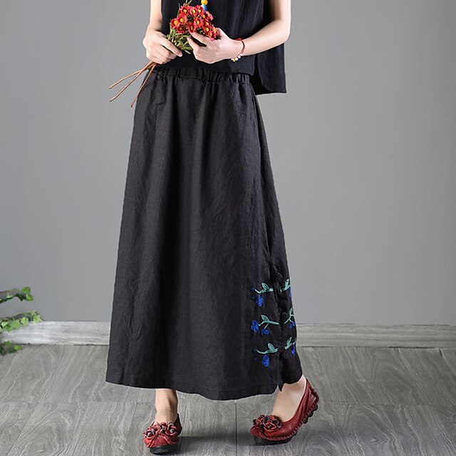 Womens Clothing Womens Bottoms | Womens Fashion Long Skirts Vacation Casual / Daily Linen Floral / Botanical Embroidered Black R