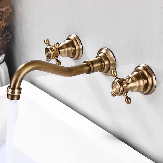  Wall Mounted Bathroom Sink Mixer Faucet, Widespread Basin Taps Vintage Brass 2 Handles 3 Holes Washroom Wash Baxin Tap with Cold Hot Water Hose Retro Antique