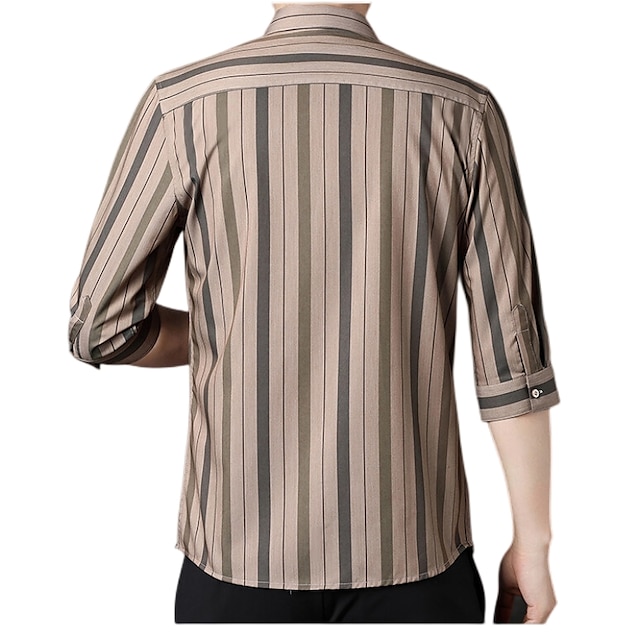 Mens Clothing Mens Shirts | Mens Casual Shirt Striped Standing Collar Casual Work Button-Down 3/4 Length Sleeve Tops Fashion Ret