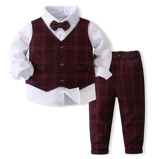 Baby & Kids Boys Clothing | Toddler Boys Suit Vest Shirt & Pants Clothing Set 3 Pieces Long Sleeve Red Jacquard Gentle 1-5 Years