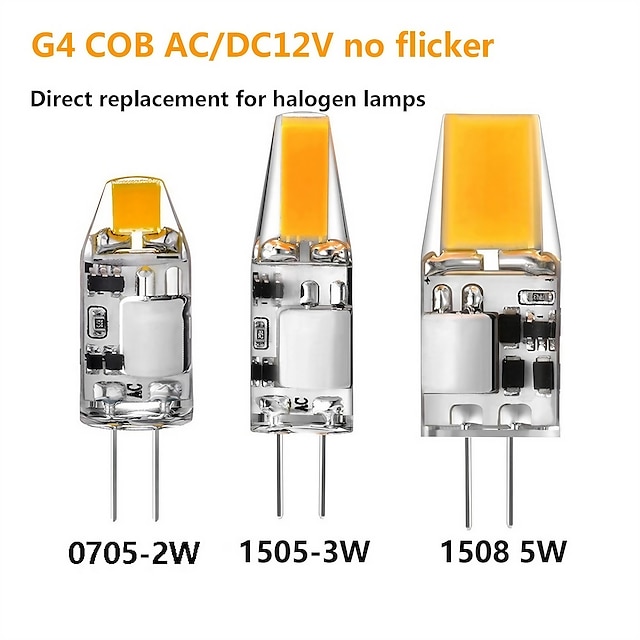  10db villogásmentes mini g4 cob lámpa AC dc 12v led 2w 3w 5w izzós gyertyalámpák csere 30w 20w halogén csillár spotlámpához