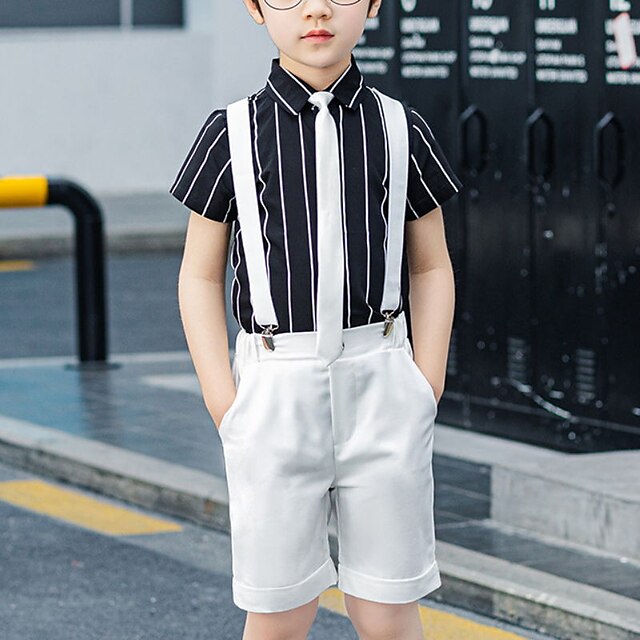 Baby & Kids Boys Clothing | Kids Boys Shirt & Shorts Clothing Set 4 Pieces Short Sleeve White Black Stripe Ruched Patchwork Scho