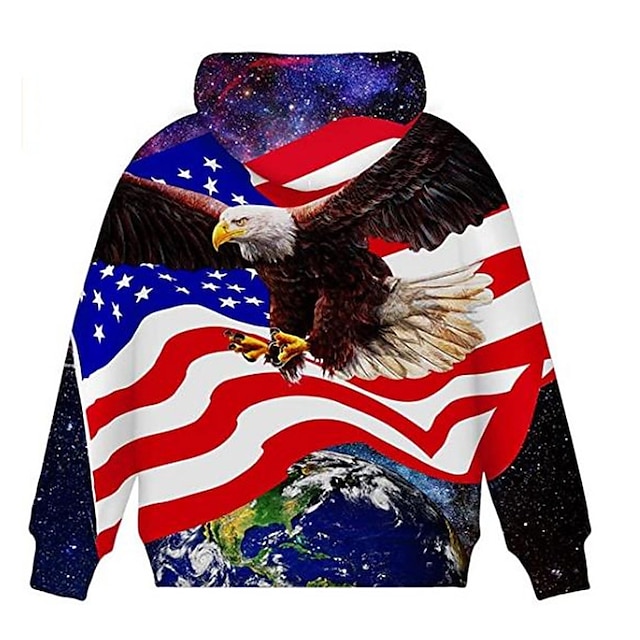 Baby & Kids Boys Clothing | Kids Boys American Independence Day Hoodie Long Sleeve 3D Print Flag Animal Pocket Blue Children Top